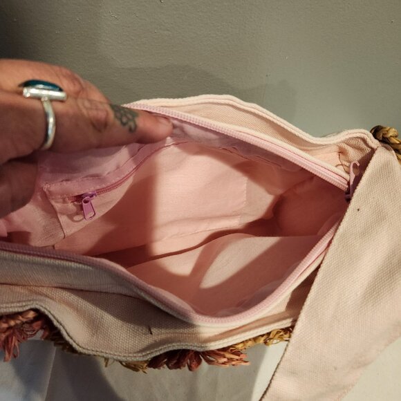 Vintage Purse Woven Rattan Sides Bottom Rattan Straw Flowers Pink Cotton... - Picture 6 of 6